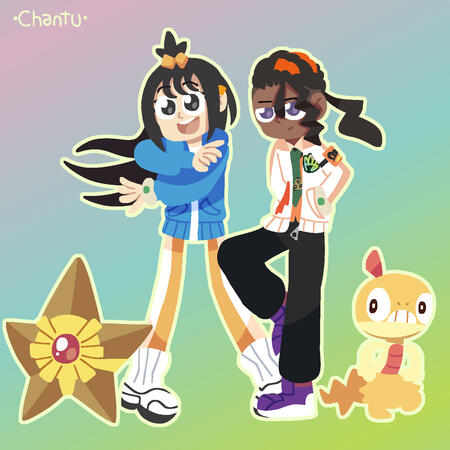 2 full shaded characters with 2 pokemon with simple background