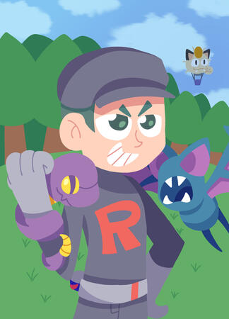 Full shaded half body character with 2 simple pokemon and moderate background